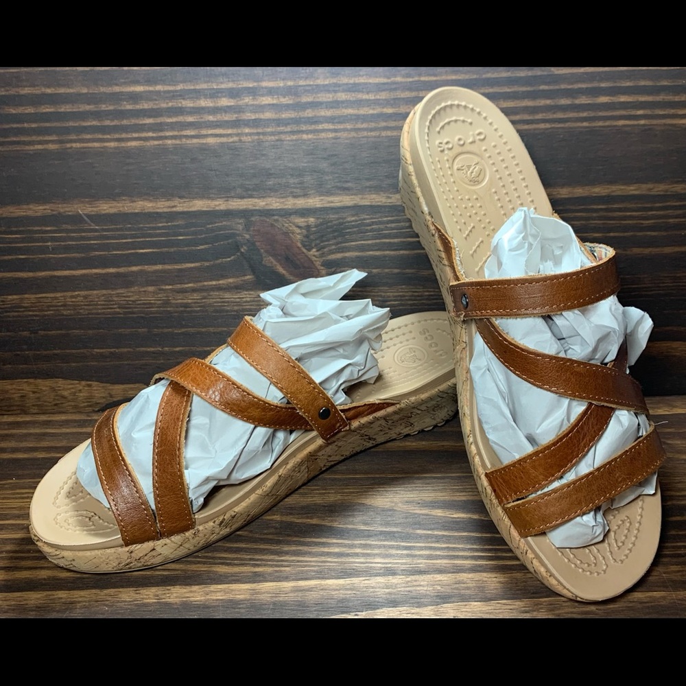 Crocs A-Leigh Cork Brown Wedge Sandals Leather Straps 11847 Womens Size 10